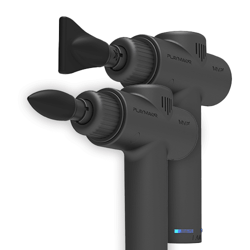 Two black iReliev MVP+ Dynamic Duo massage guns are shown with Edge and Bullet heads, ideal for IT Band Syndrome or myofascial trigger points. They feature textured grips and blue LED indicators, set against a plain white background.