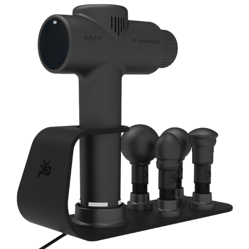 The iReliev MVP-2000 percussion massager stands upright on its MVP+ PowerUp Charging Station, with four modern interchangeable heads. All items are displayed against a plain white background for a clean, minimalist look.