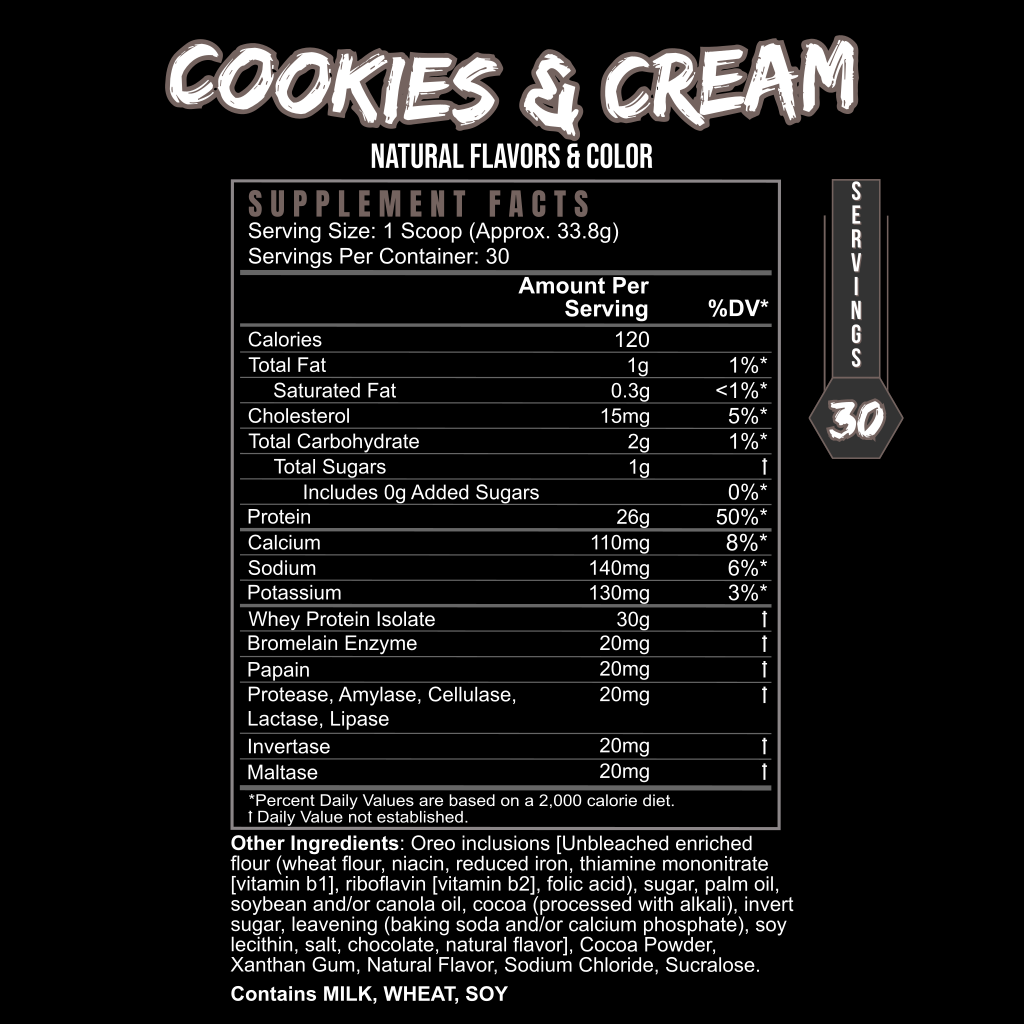 A black label for BLACKLABEL Supplements POST HUSTLE in Cookies & Cream flavor features whey protein isolate for post-workout recovery, with nutrition per 33.8g scoop: 120 calories, 15g protein, vitamins, minerals; contains milk, wheat, and soy.