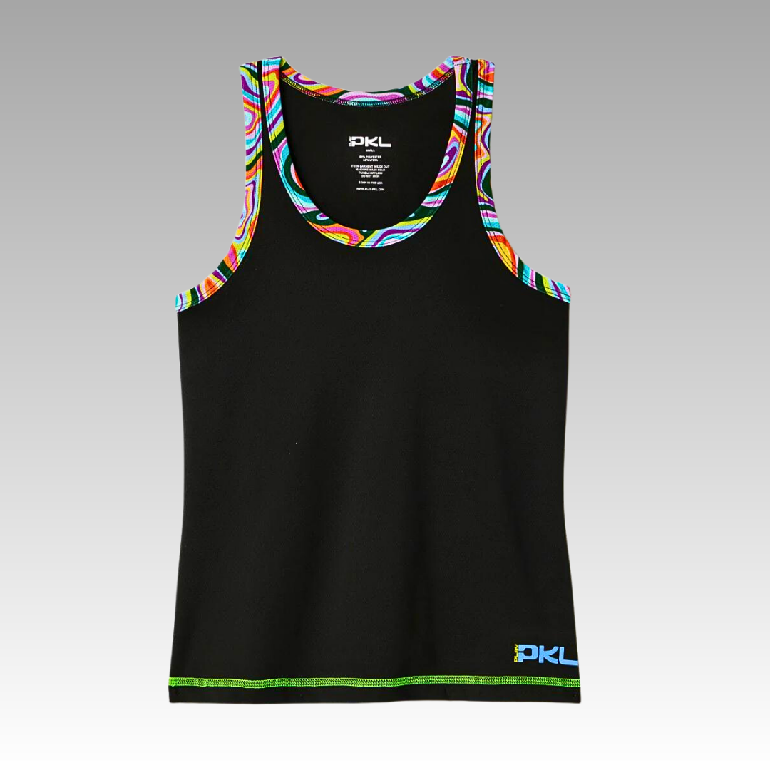 The Playly Store’s Pretty Tank is a sleeveless black athletic mesh top with a fitted cut, rainbow-patterned trim, green-striped hem, moisture-wicking fabric, and a blue-yellow “PKL” logo for sporty flair.