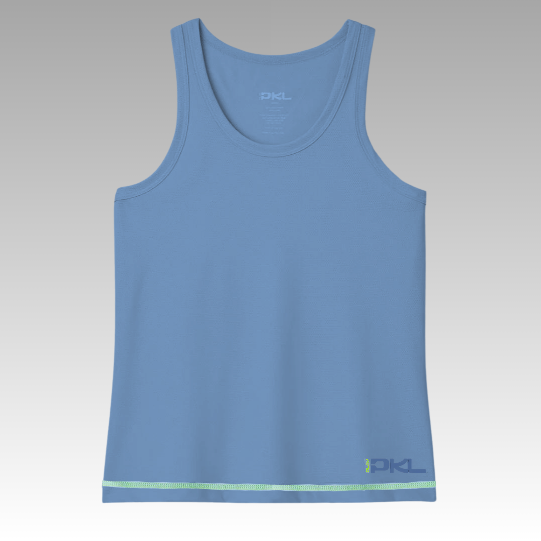 The Pretty Tank by Playly Store is a sleeveless, light blue athletic mesh tank top with a scoop neck and thin light green stripe at the hem. “PKL” appears in dark blue and green near the bottom right. Set against a gray gradient background.
