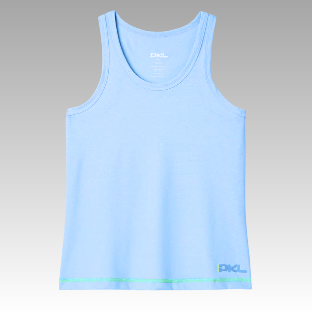 The Playly Store Pretty Tank is a sleeveless, light blue pickleball top with a round neckline. It features moisture-wicking fabric, a gray “PKL” logo at the lower left hem, and a thin neon green stripe above it on a gradient background.