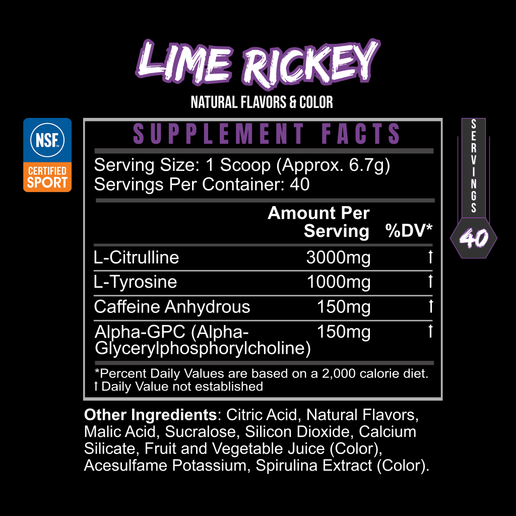 Energize your workout with PRE GAME by BLACKLABEL Supplements in Lime Rickey flavor. Each scoop has 3000mg L-Citrulline, 1000mg L-Tyrosine, 150mg Alpha-GPC, customizable caffeine, and is NSF certified. Contains 40 servings.