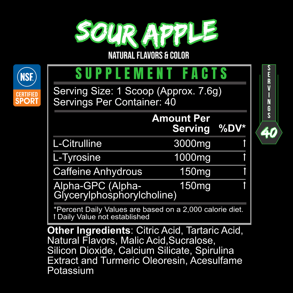 A supplement facts label for BLACKLABEL Supplements PRE GAME Sour Apple preworkout shows 1 scoop (7.6g) per serving, 40 servings per container, key workout and focus ingredients, and customizable caffeine at 150mg per serving.