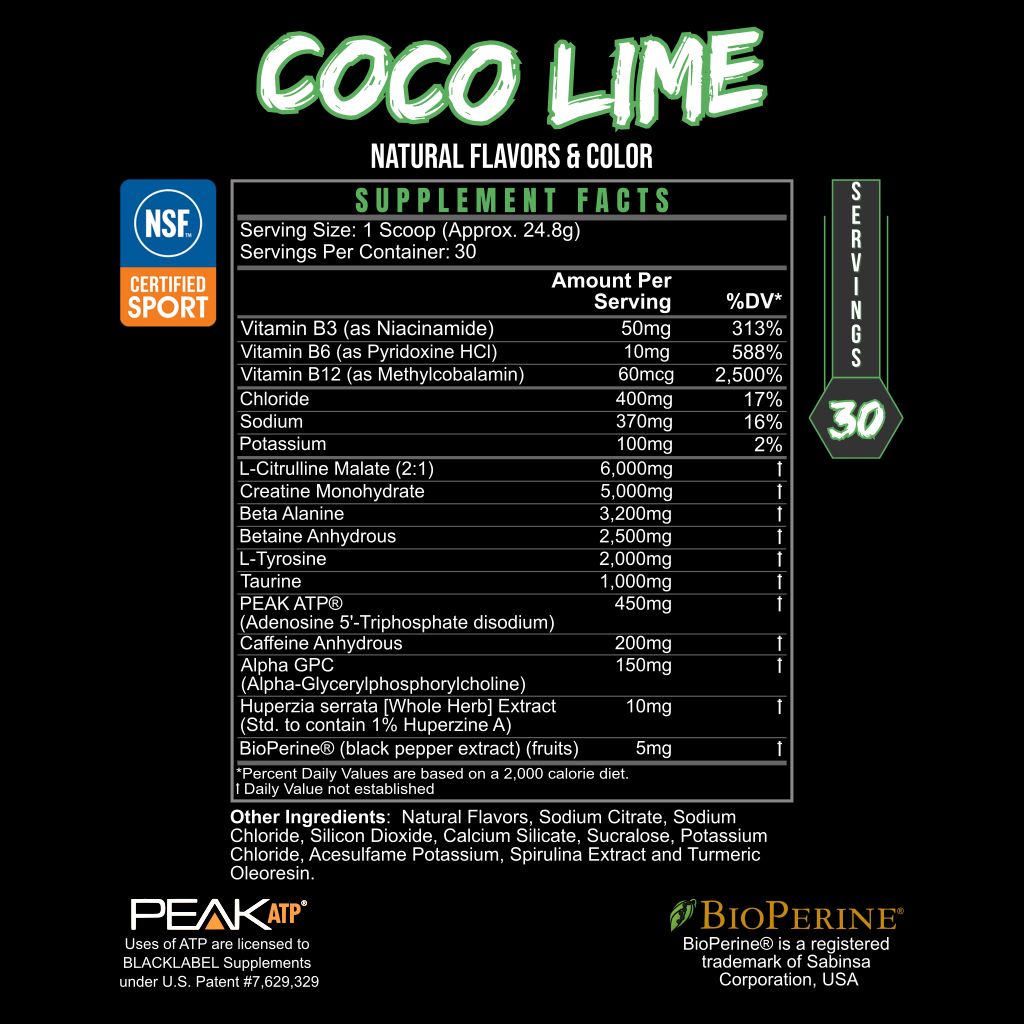 Supplement facts label for PRE HUSTLE V3 by BLACKLABEL Supplements displays natural flavors, colors, vitamins, electrolytes, amino acids, and muscle builders per serving. Certifications and logos appear on a black background with green and white text.
