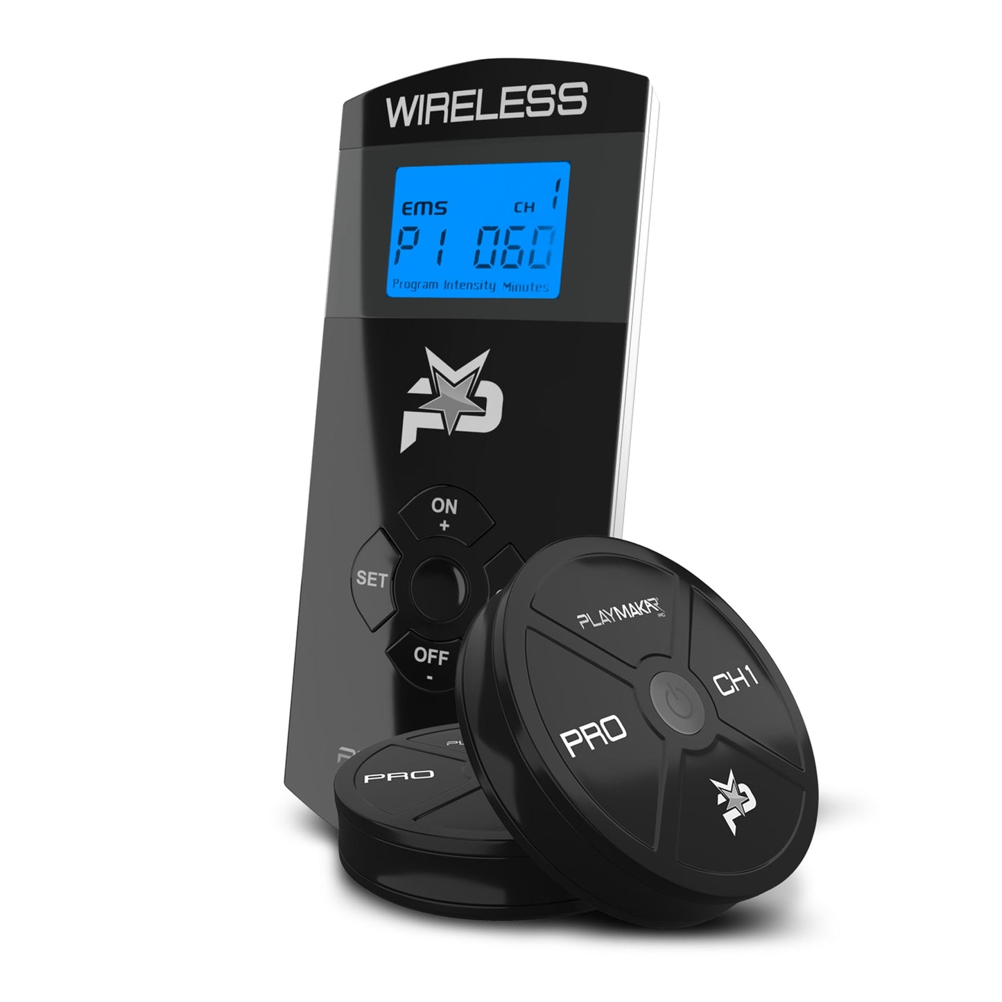 The iReliev PRO Wireless Muscle Stimulator with TENS + EMS features a black design, blue digital screen displaying "ems CH1 P1 06.0," ON/SET/OFF/navigation buttons, and two round electrode pods labeled "PRO" and "CH1" for targeted muscle recovery.