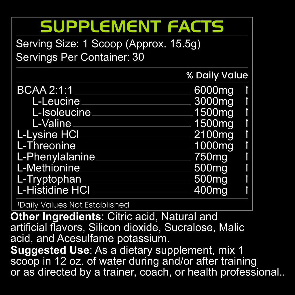 PURE AMINOS by BLACKLABEL Supplements features a black supplement facts label for its BCAA powder, showing Leucine (3000mg), Isoleucine (1500mg), and Valine (1500mg) per 15.5g scoop. Directions and ingredients are listed in white text below.