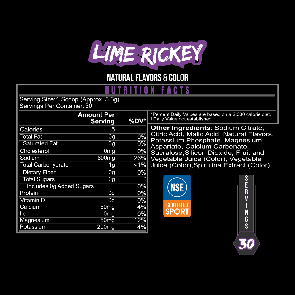 A black label for BLACKLABEL Supplements PURE HYDRATE, a sugar-free Lime Rickey sports drink, lists 0 calories, 600mg sodium/serving, 30 servings/container, essential electrolytes, and shows NSF & USDA Organic logos.