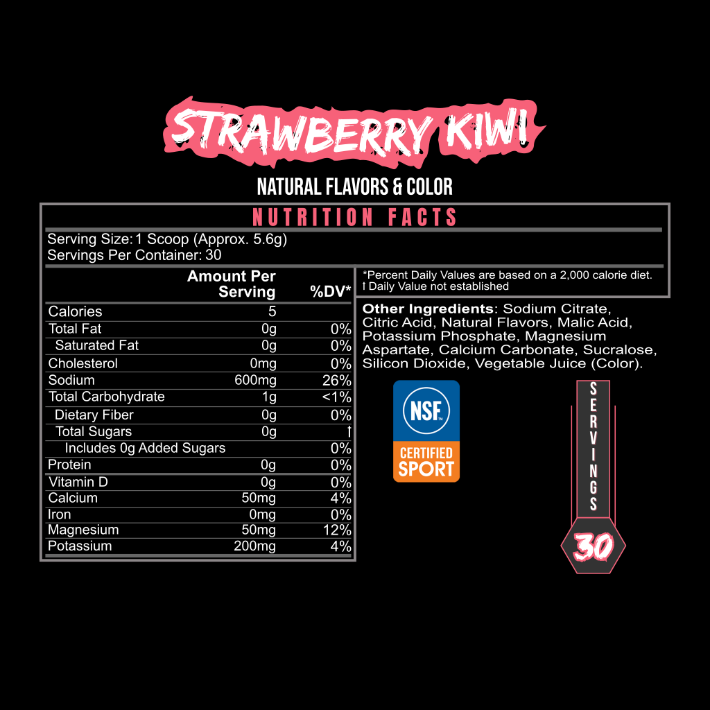 PURE HYDRATE by BLACKLABEL Supplements features a black nutrition label for its strawberry kiwi sugar-free sports drink. "STRAWBERRY KIWI!" is in red and white at the top; nutrition facts per scoop: 5 calories, 0g sugar, 100mg sodium.