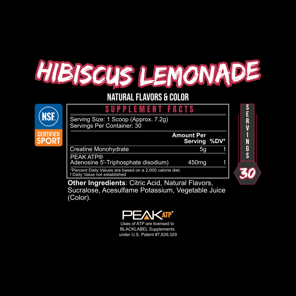 Black label with bold “PURE POWER” text in pink and white. Supplement facts show 30 servings, 7.2g per scoop of this stimulant-free strength and endurance supplement by BLACKLABEL Supplements; features creatine monohydrate, PEAK ATP®, NSF Certified Sport.