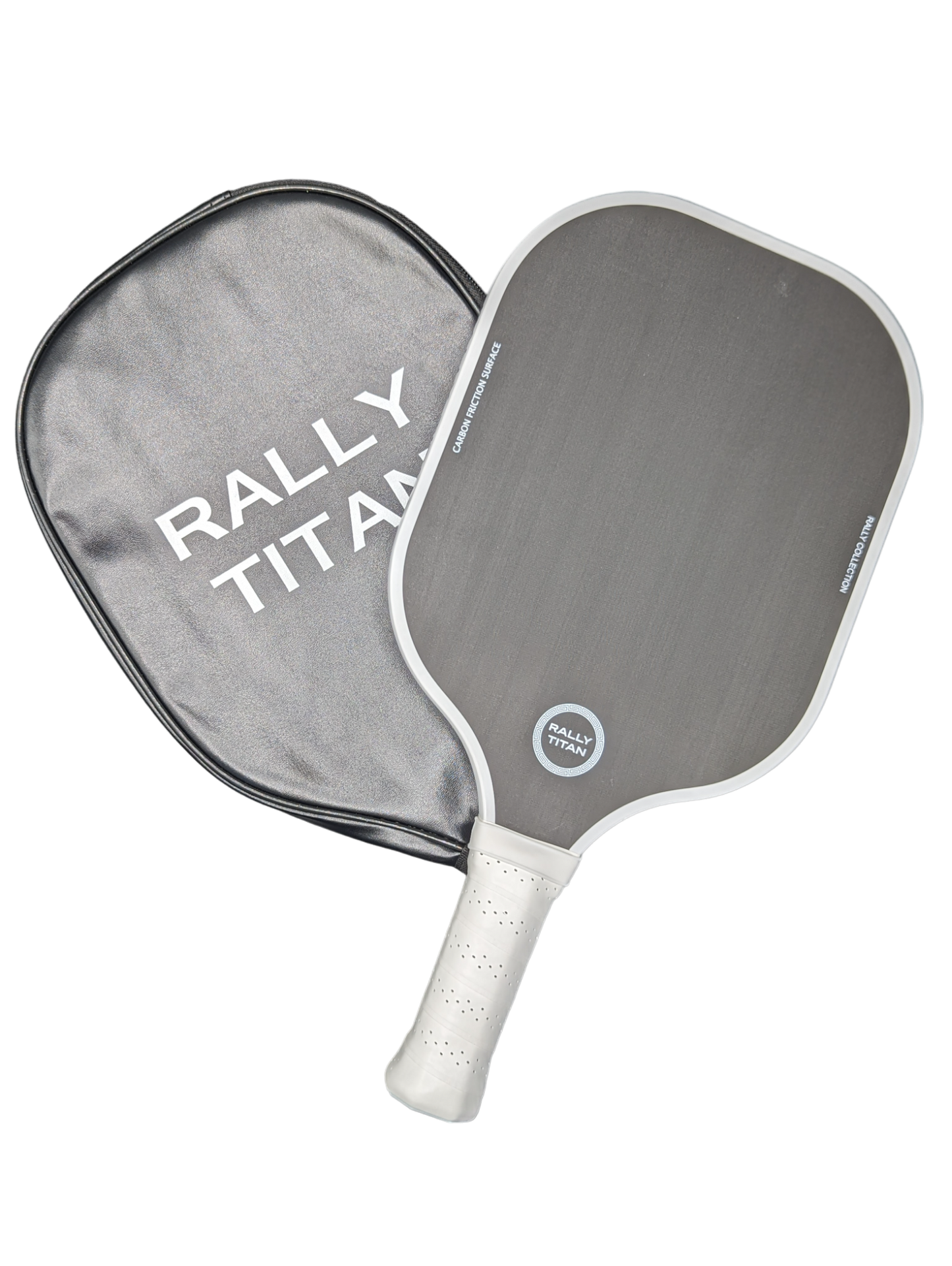 A black pickleball paddle with a T300 textured carbon fiber surface and 10MM core from Rally Titan Pickleball rests beside a matching case labeled "Rally Titan," both designed for a secure fit and sleek appearance.