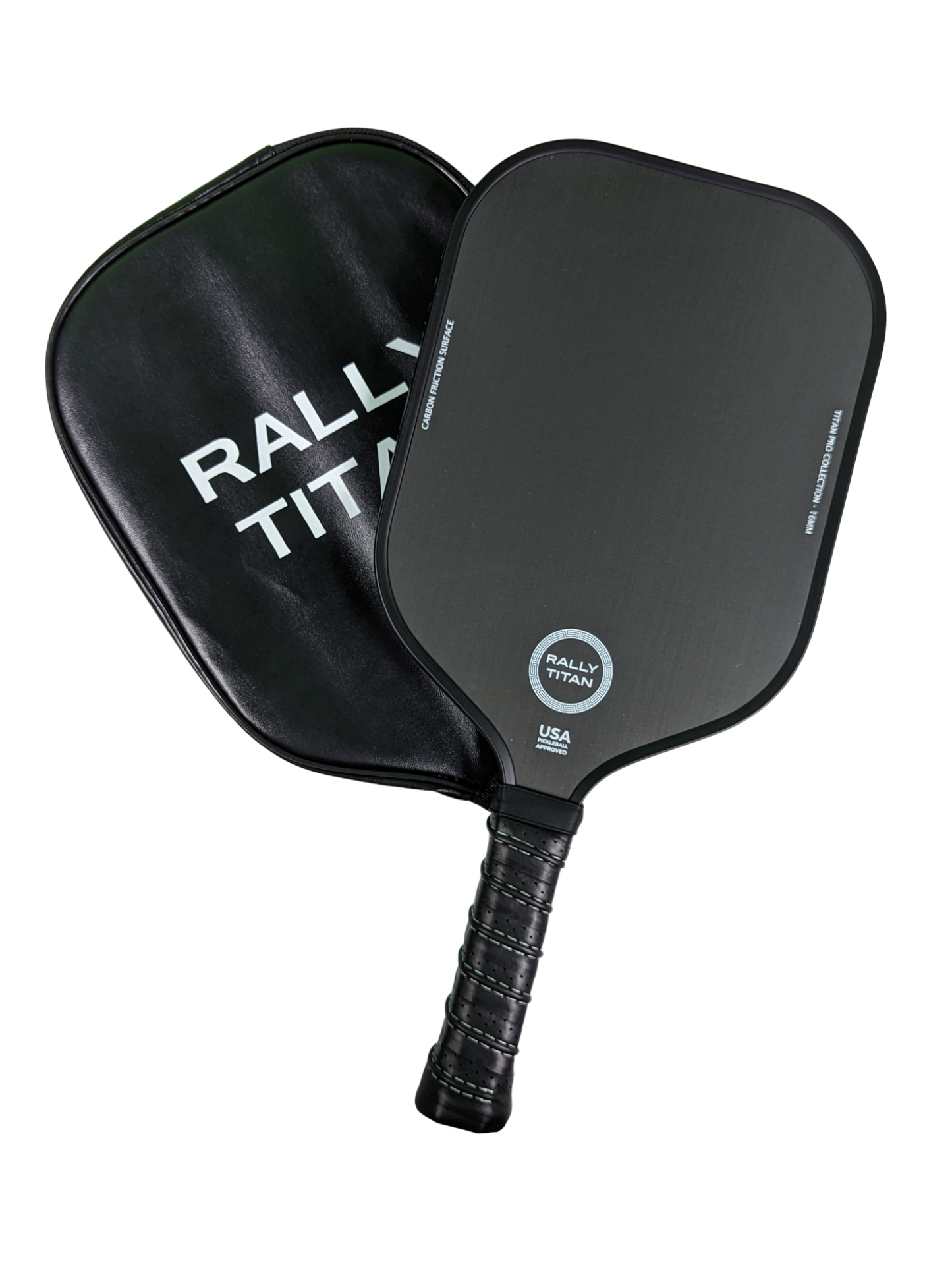 A black Titan Pro Control 16MM pickleball paddle by Rally Titan Pickleball, featuring a T700 carbon friction textured surface, rests on a matching zippered case. The USAPA approved paddle has a polypropylene honeycomb core. White background.