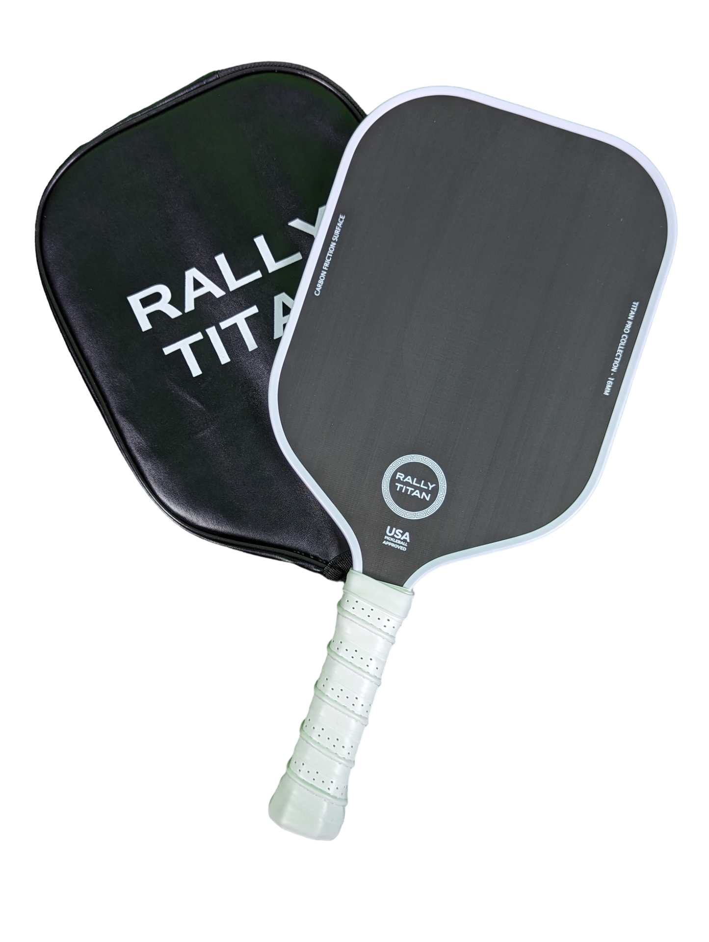 A white Titan Pro Control 16MM paddle with a T700 Titan carbon friction, textured surface, and white grip rests on a black Rally Titan Pickleball case. The paddle shows the Rally Titan logo and USAPA approved text near the handle.