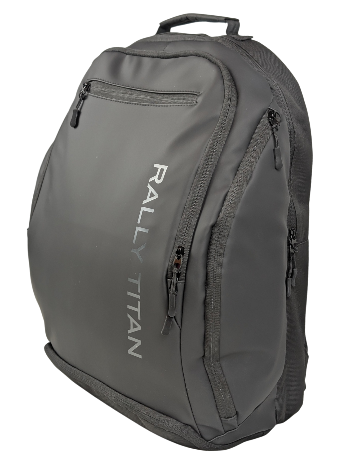 The Rally Titan Pickleball Titan Pickleball Bag features a sleek black matte finish, three zippered compartments, a top handle, and "RALLY TITAN" in silver on the front pocket—ideal for carrying all your pickleball gear.