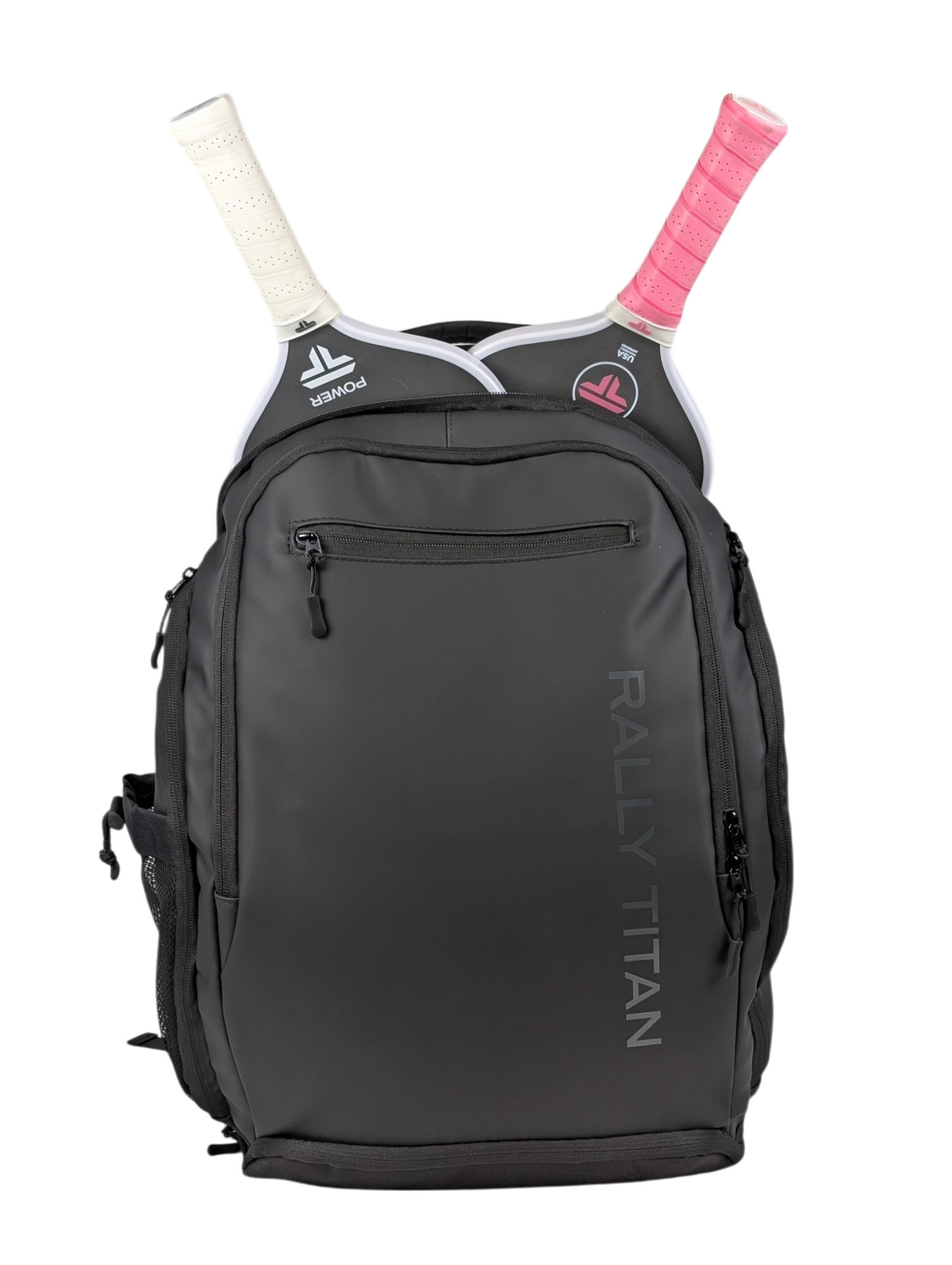 The Titan Pickleball Bag by Rally Titan Pickleball is a black sports backpack with the brand printed on the front. Two rackets, one with a white grip and one pink, stick out, and it has multiple zippered pockets for gear or travel use.