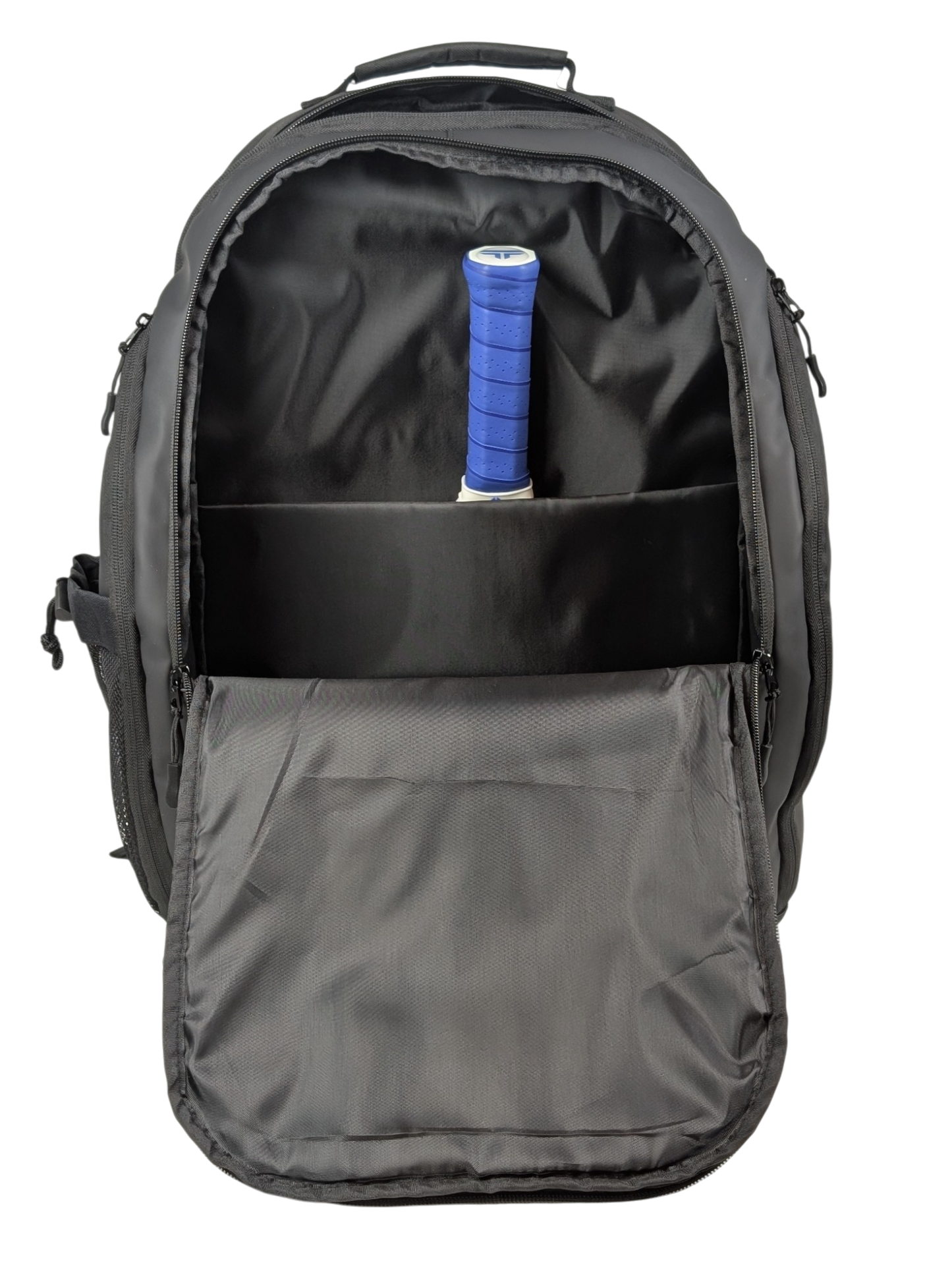 The Rally Titan Pickleball Titan Pickleball Bag in black is shown unzipped with a tennis racket inside; its blue-grip handle is visible, while the rest stays stored. It's ideal for carrying pickleball paddles. Background is plain white.