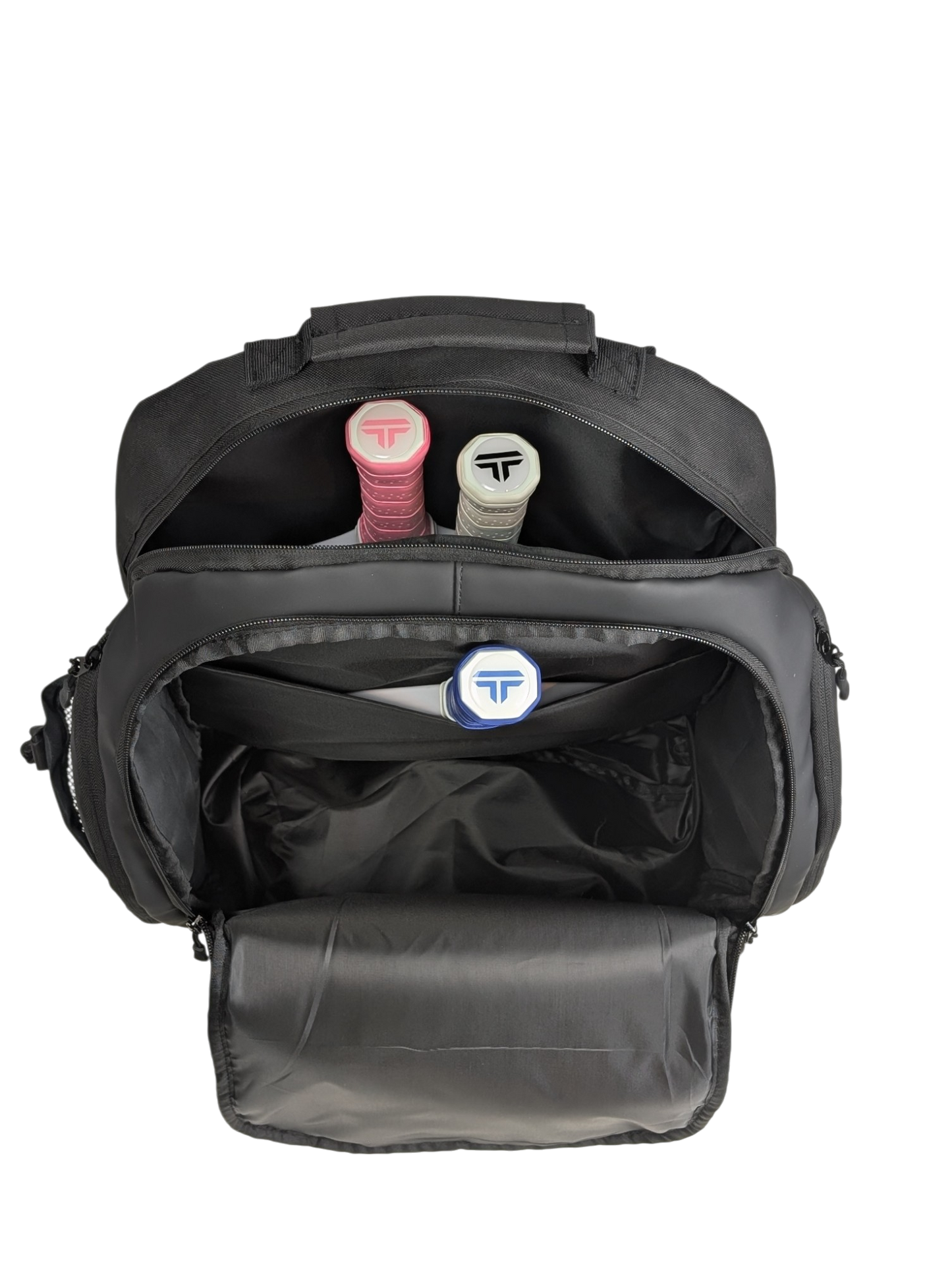 A Rally Titan Pickleball Titan Pickleball Bag in black is unzipped, showing two pickleball paddle handles—one with a pink grip and one with a white grip—in the back compartment, a blue grip in the middle, and an empty front compartment with a black interior.