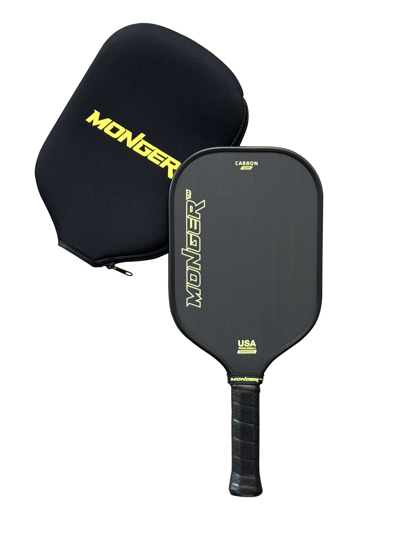 The PickleballMonger Monger 16mm Carbon Power Pro Gen 2 features a T700 Toray carbon fiber face, gold graphics, elongated handle, textured grip, polymer core, and comes with a matching black zippered “MONGER” cover. USA Pickleball certified.