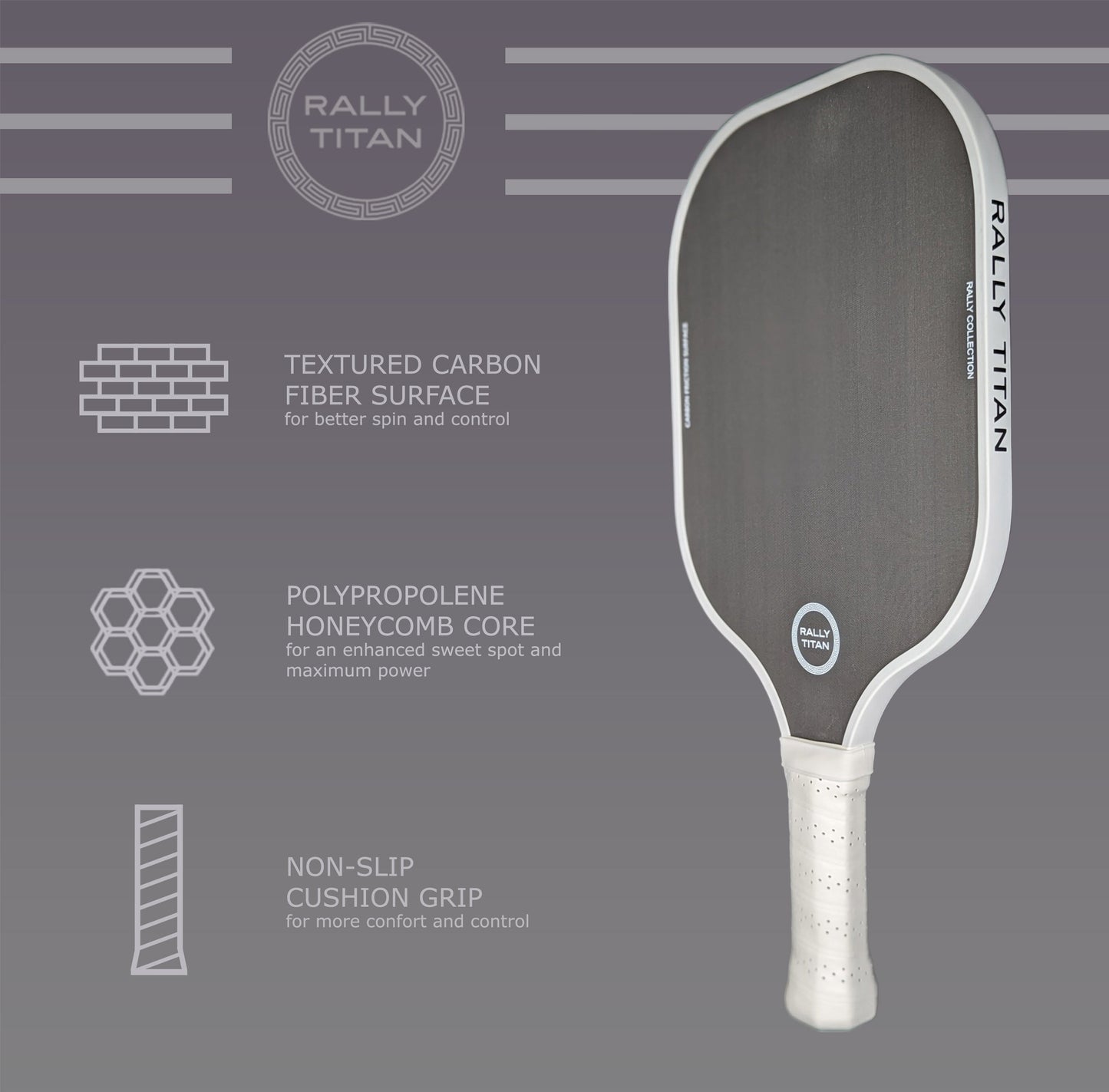 A black Rally Titan Pickleball paddle with a 10MM T300 textured carbon fiber surface and non-slip cushion grip appears beside feature icons: enhanced spin, polypropylene honeycomb core for power, and comfortable play.