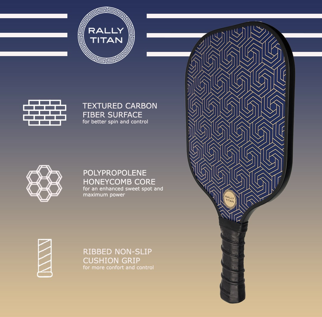 The Rally Titan Pickleball Blue Hex features a 10MM T300 textured carbon fiber surface and an eye-catching pattern.
