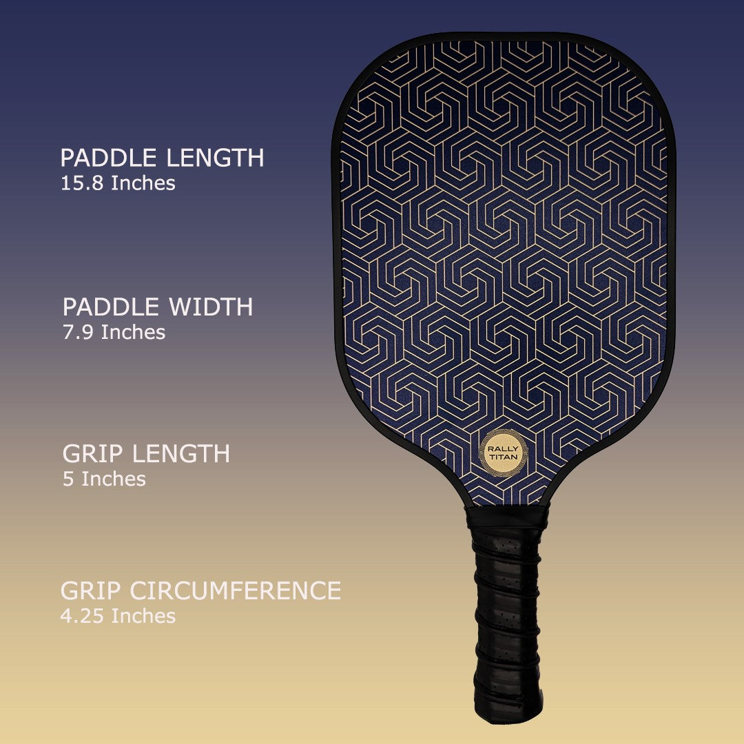 The Blue Hex | 10MM by Rally Titan Pickleball features a T300 textured carbon fiber face in navy with a gold geometric pattern, black handle, and durable polypropylene honeycomb core. Dimensions: 15.8" x 7.9", grip 5", circumference 4.25".