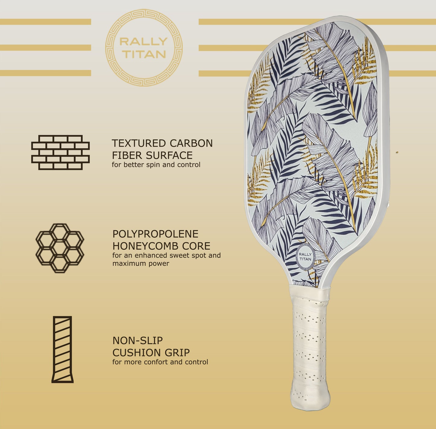 The Beverly | 10MM from Rally Titan Pickleball is shown with a white edge and leaf-patterned T300 textured carbon fiber surface, polypropylene honeycomb core, and non-slip cushion grip, highlighted on a yellow gradient background.