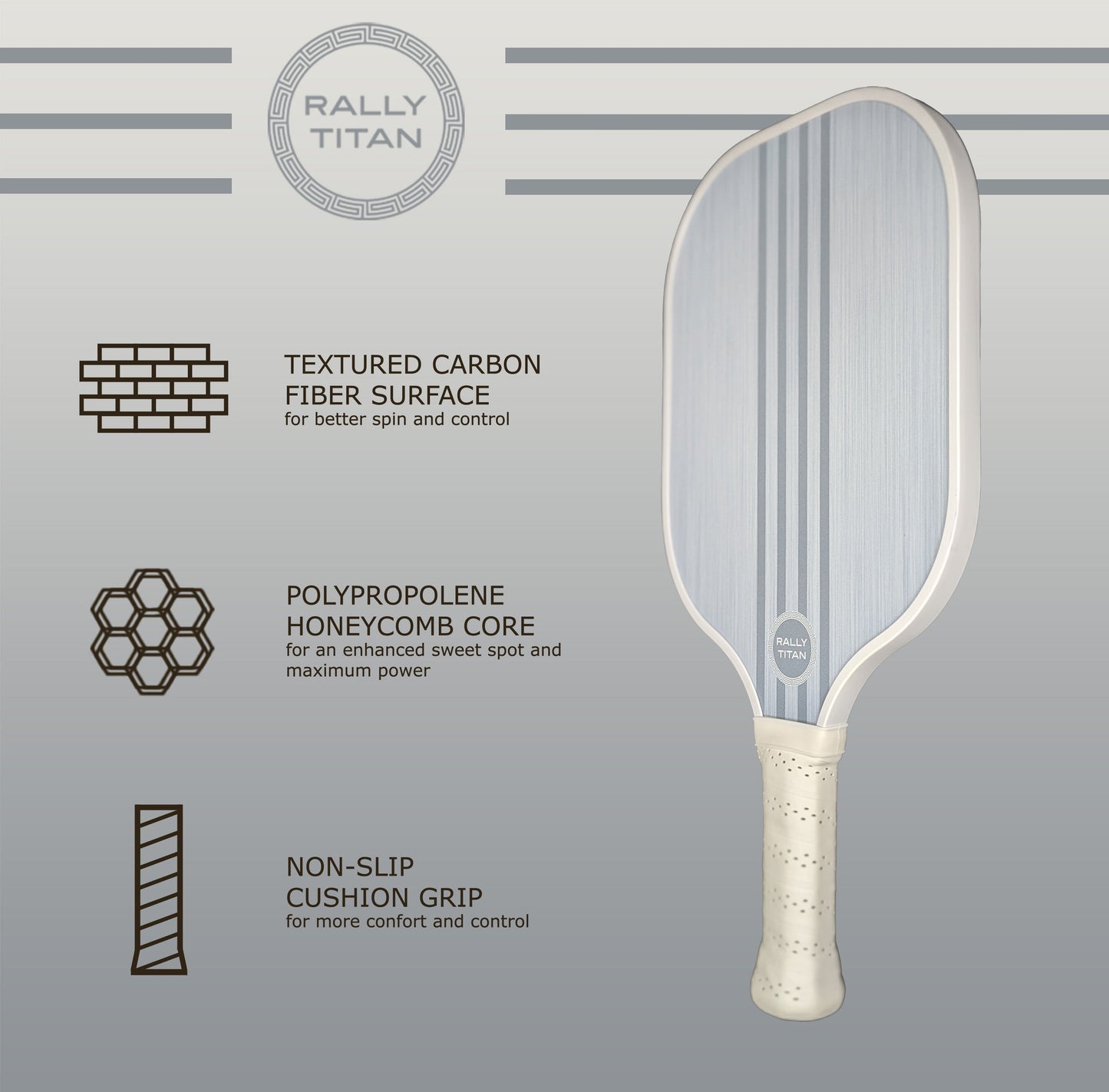 The Grizo 10MM by Rally Titan Pickleball is shown, featuring a T300 textured carbon fiber surface for spin, polypropylene honeycomb core for control, and a non-slip cushion grip. Paddle is gray with a white edge and “Rally Titan” logo above.