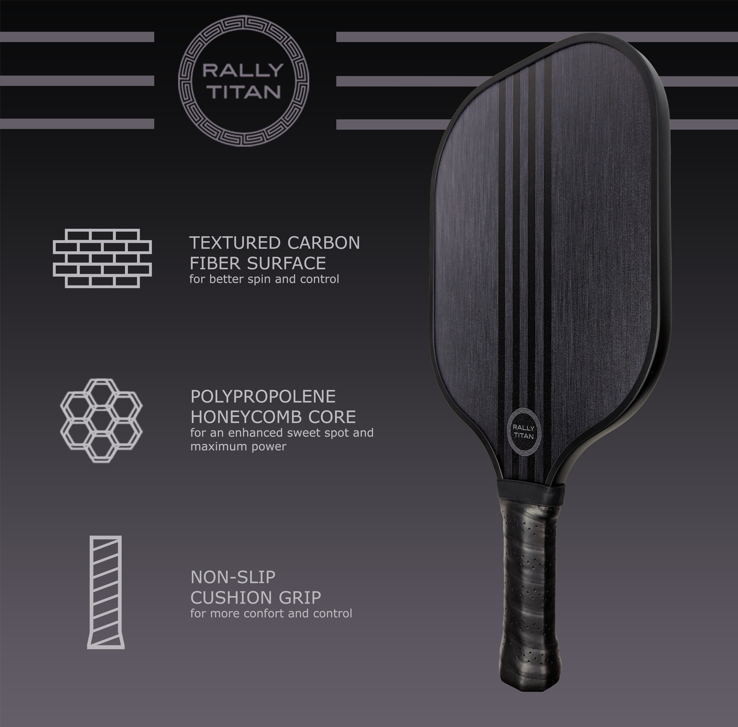 A black Mavro | 10MM paddle by Rally Titan Pickleball is shown, featuring a T300 textured carbon fiber surface, polypropylene honeycomb core, and non-slip cushion grip, with simple line graphics accenting the design.