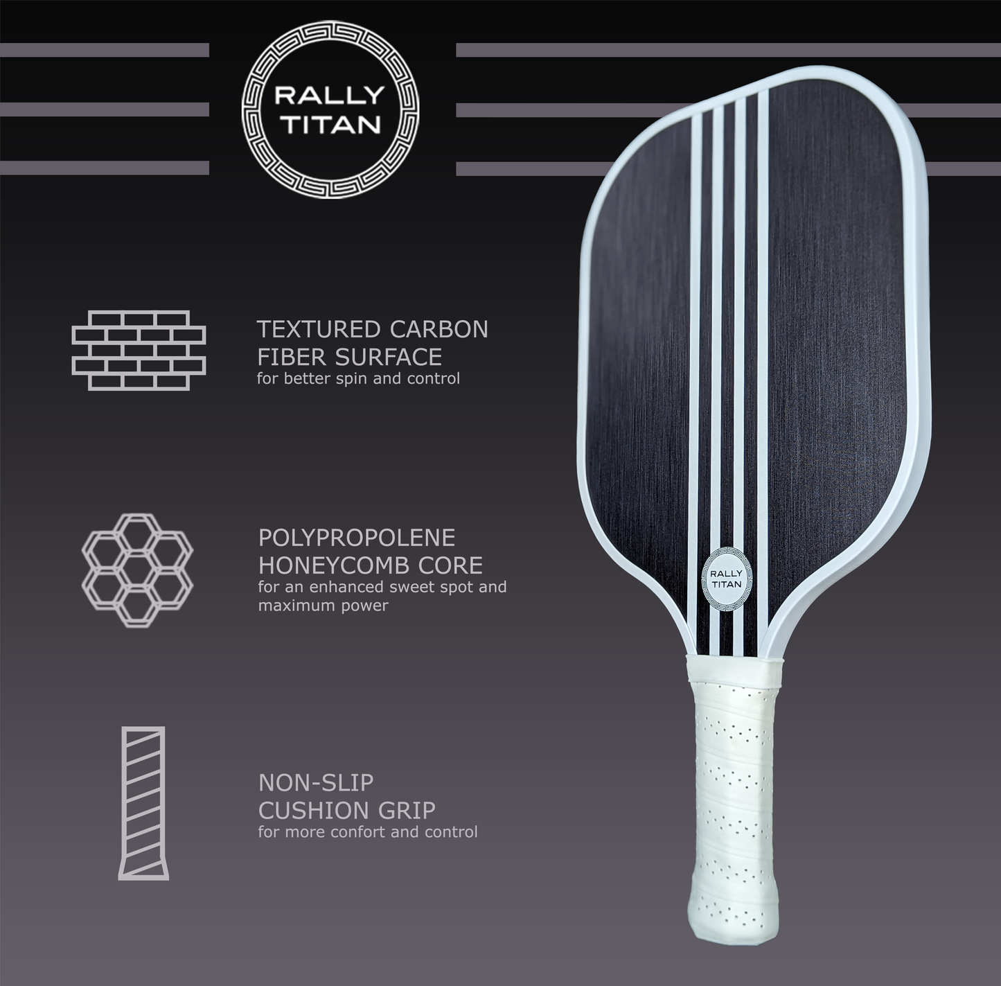 The Rally Titan Pickleball Aspro features a 10MM T300 textured carbon fiber surface, polypropylene honeycomb core, and non-slip cushion grip. Its sleek dark face has white stripes and a white grip for optimal performance on the court.