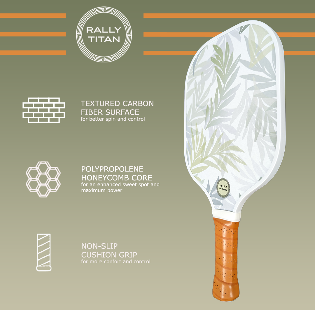 The Rally Titan Pickleball Olive B paddle features a leafy design on a green background, a T300 textured carbon fiber surface, 10MM polypropylene honeycomb core, non-slip cushion grip, and three orange lines with the Rally Titan logo.