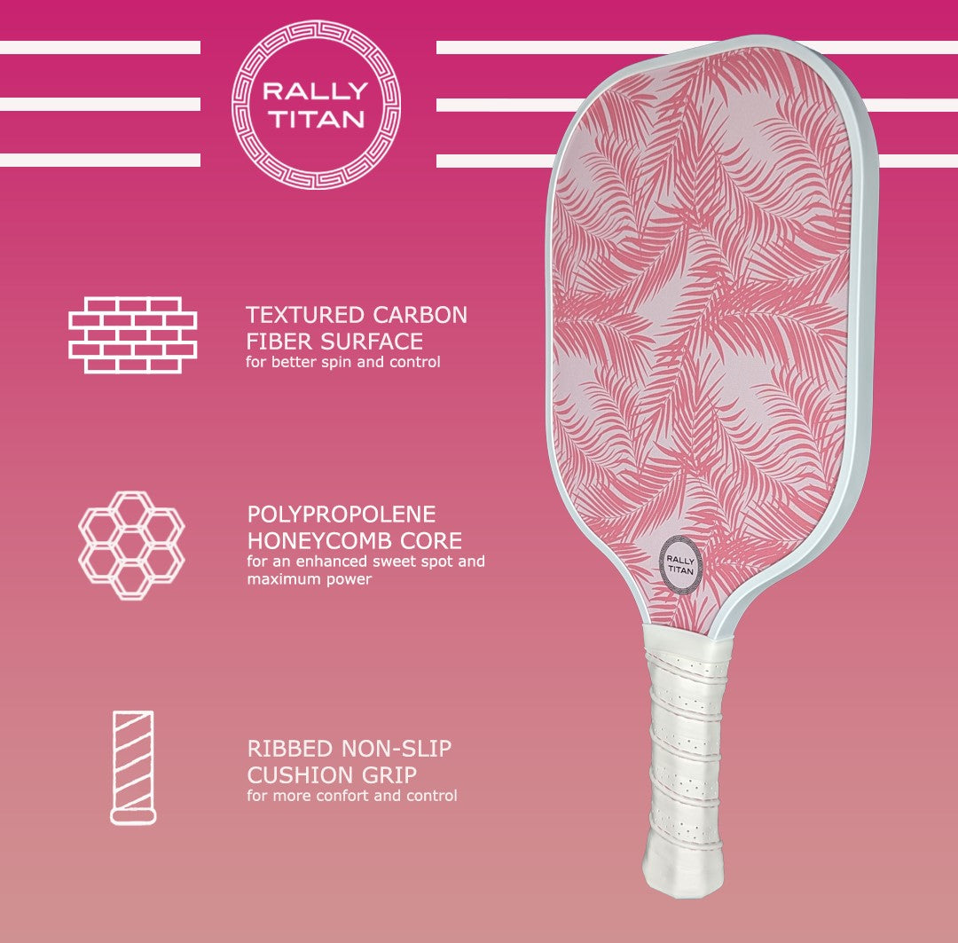 The Rally Titan Pickleball Malibu | 10MM paddle features a pink and white leaf design, T300 textured carbon fiber surface, polypropylene honeycomb core, and ribbed non-slip grip. Background fades pink to white with the Rally Titan logo at top left.