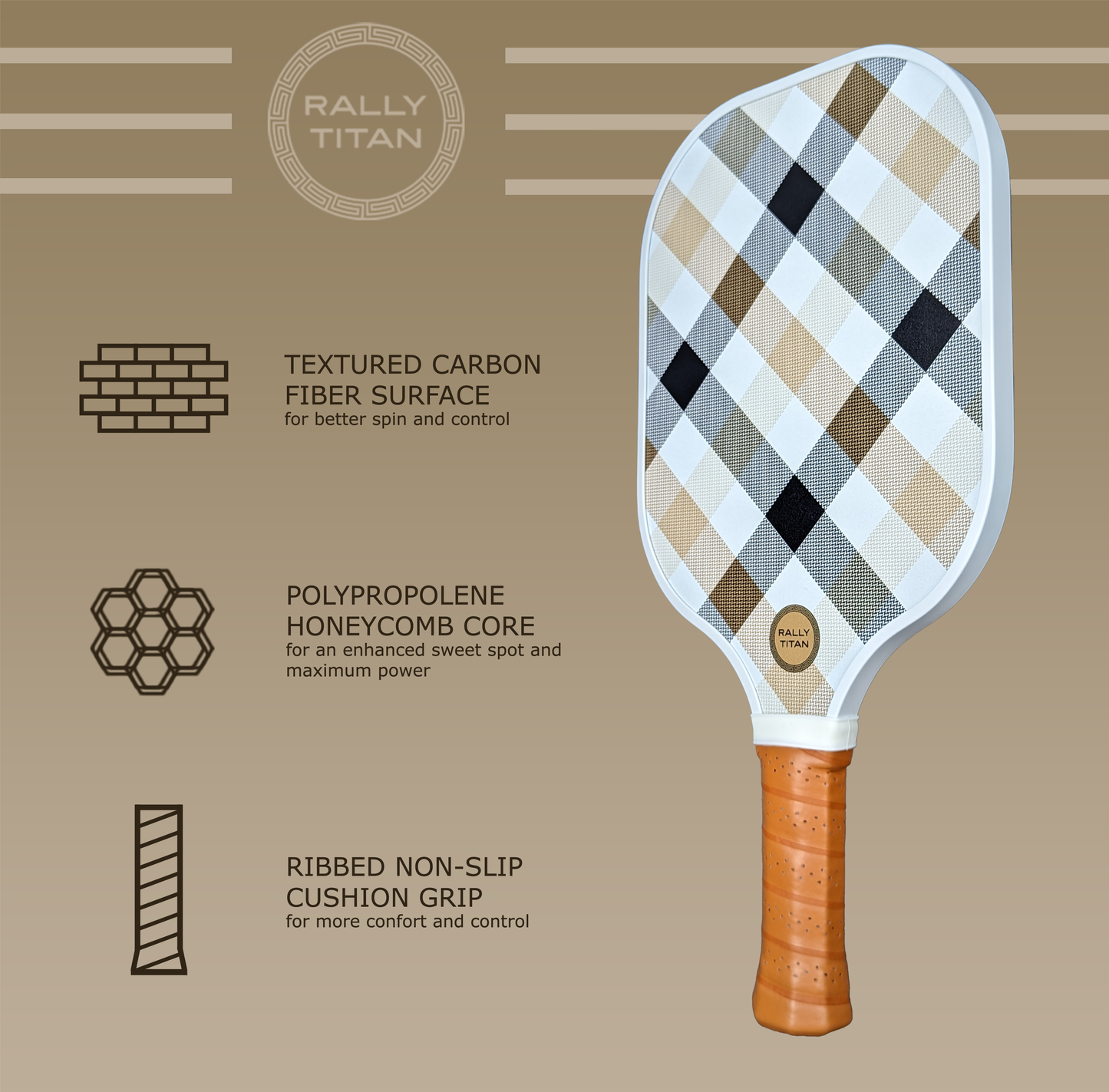 The Plaid Luxe | 10MM by Rally Titan Pickleball is a carbon fiber paddle with a brown, white, and black plaid pattern. It features a T300 textured carbon fiber surface, polypropylene honeycomb core, and ribbed non-slip cushion grip.