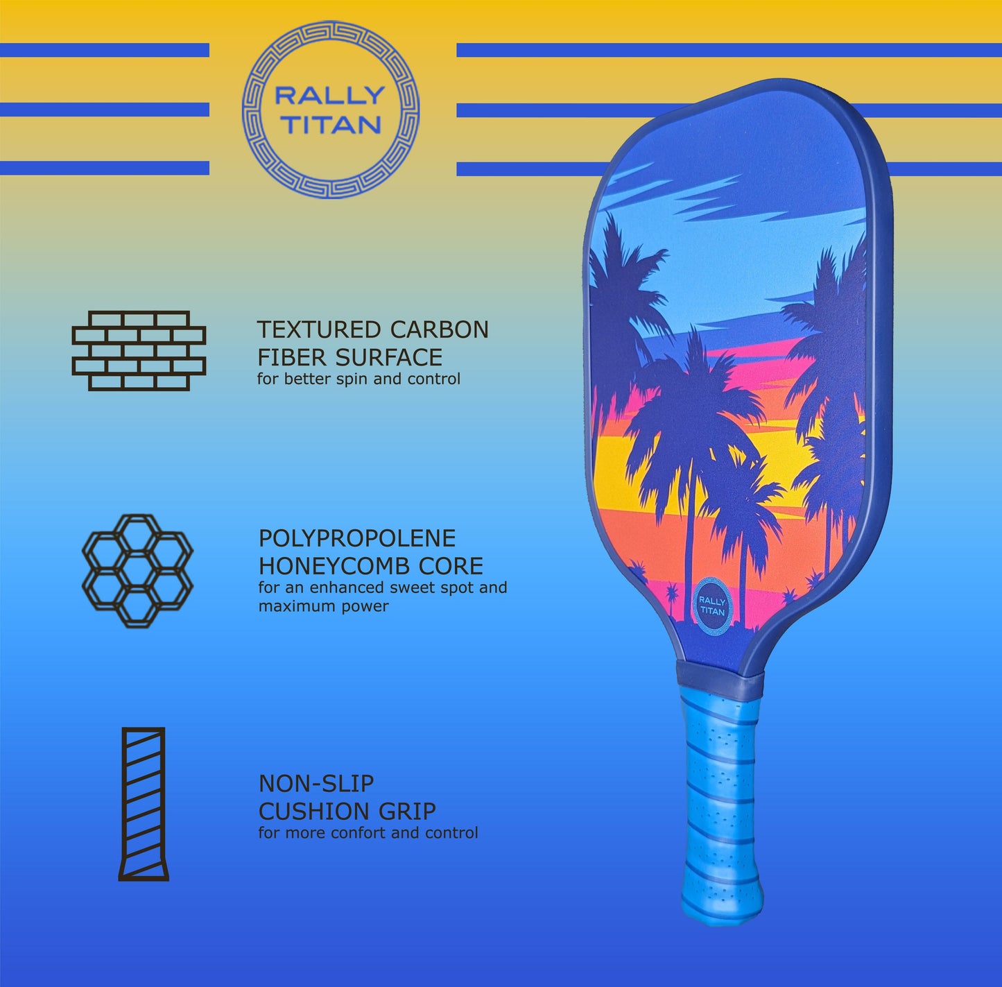 The Rally Titan Pickleball Palm Beach | 10MM features a T300 textured carbon fiber surface, polypropylene honeycomb core, and non-slip cushion grip, with a sunset and palm tree design on a yellow-to-blue gradient background with blue stripes.