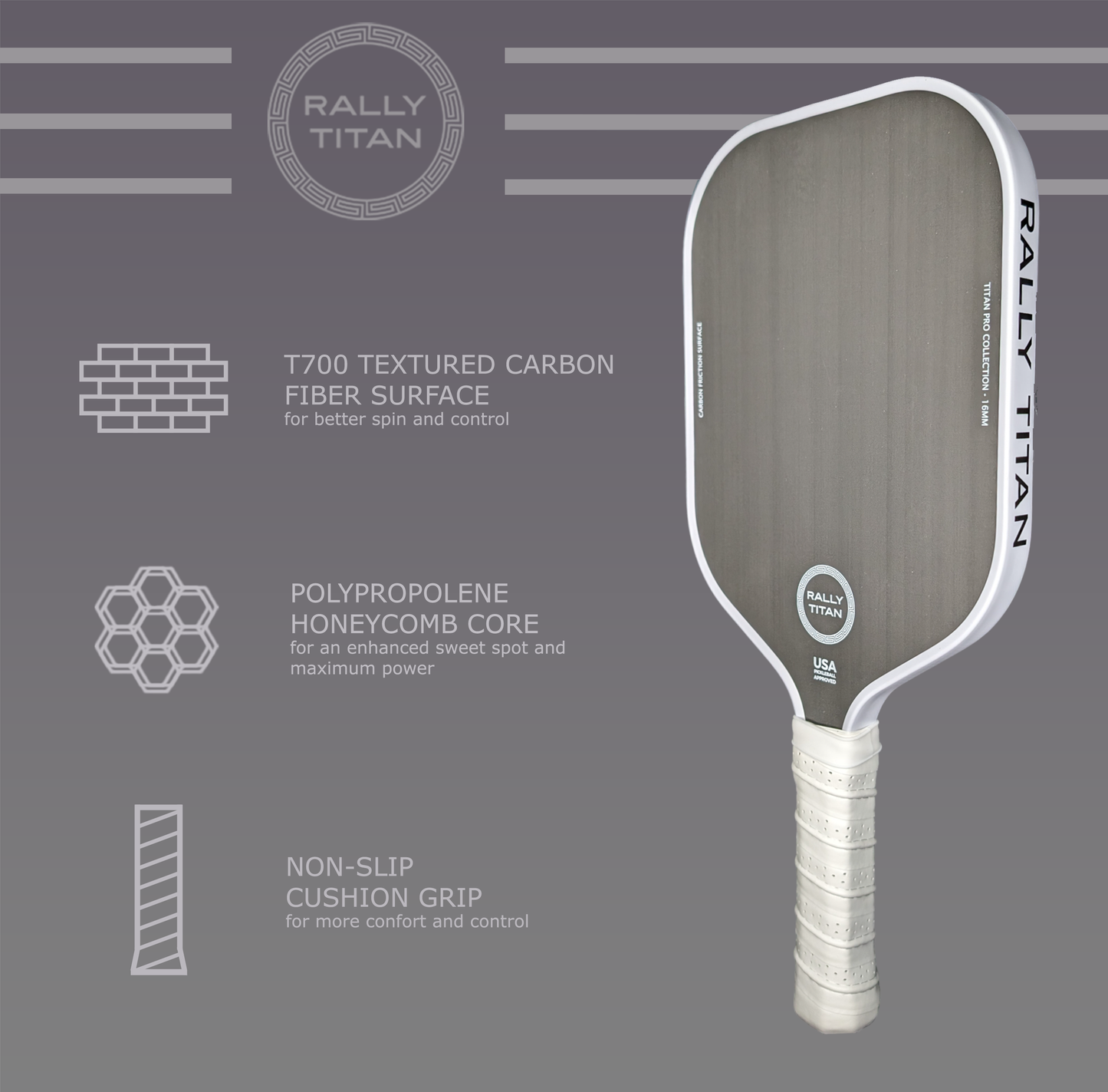 To the right, the Rally Titan Pickleball Titan Pro Control (16MM) paddle with a T700 carbon textured surface appears in gray and white, with icons to the left showing USAPA approval, polypropylene honeycomb core, and non-slip cushion grip.