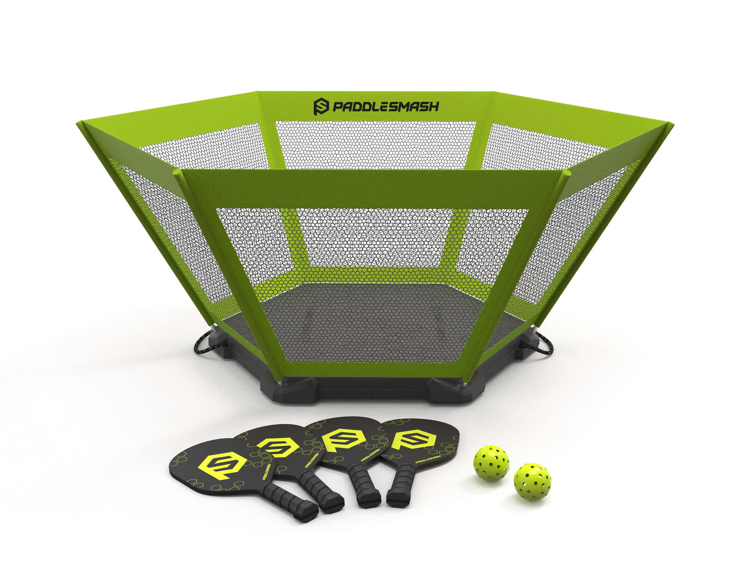 A green hexagonal netted game structure labeled PaddleSmash by PaddleSmash is shown with four black paddles with yellow designs and two yellow perforated balls, ideal for backyard or outdoor play, displayed on a white background.
