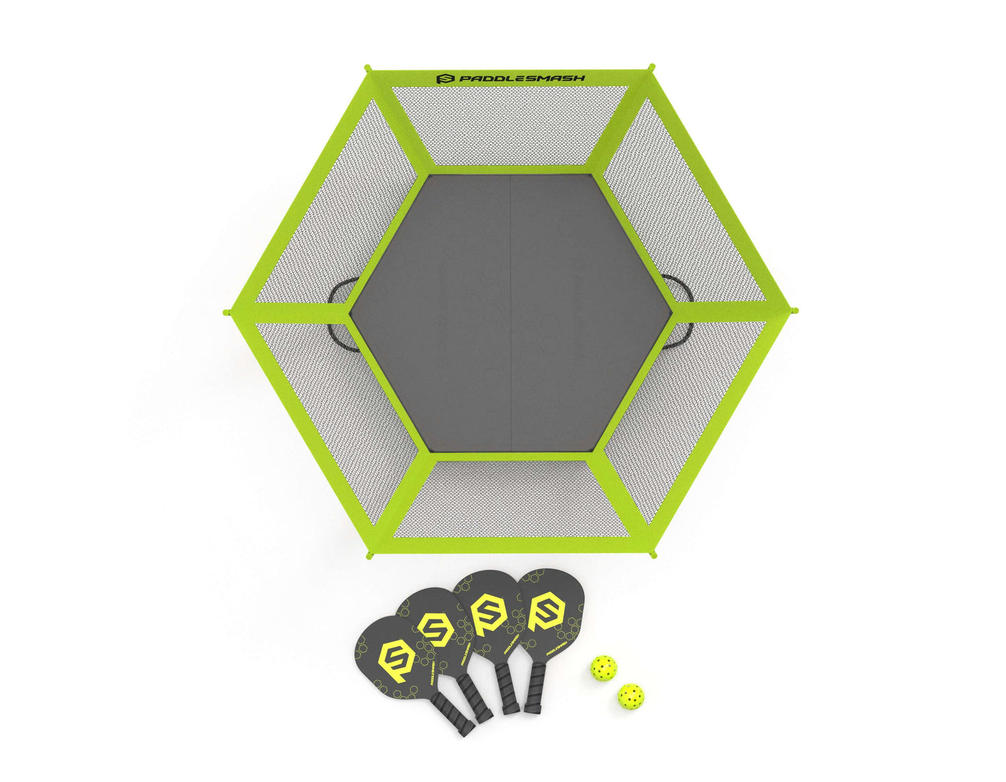 A hexagonal, green-framed PaddleSmash net enclosure seen from above displays the PaddleSmash logo. It comes with three black-and-yellow paddles and two yellow perforated balls—perfect for Pickleball-inspired outdoor games in your backyard.
