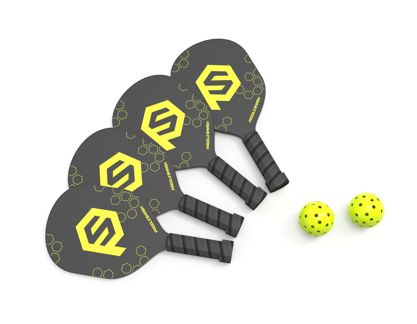 Four PaddleSmash pickleball paddles with yellow hexagon designs and PaddleSmash logos are arranged side by side, handles down. Two yellow perforated pickleballs for outdoor play sit to the right, all displayed on a white background.