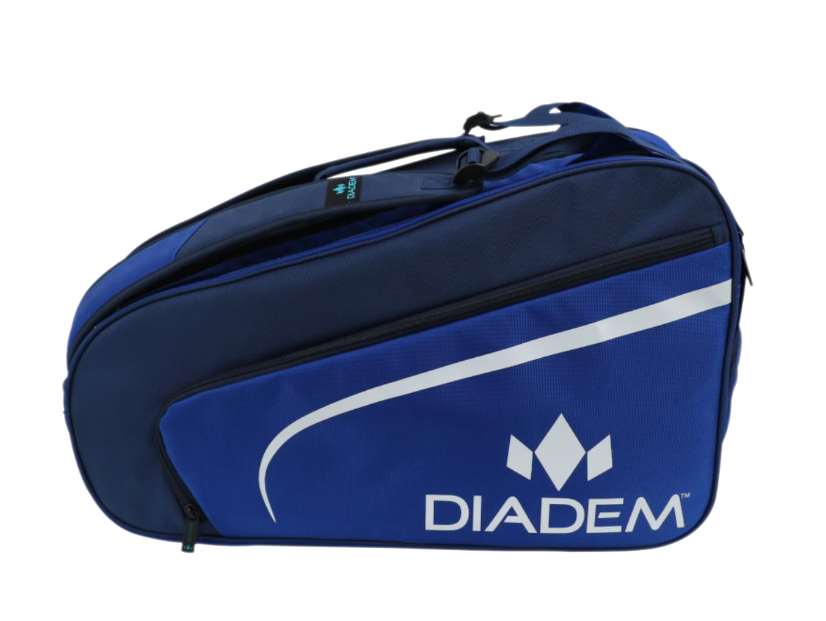 The Diadem Sports Tour v2 Paddle Bag is a blue bag with black zippers and straps, featuring the DIADEM name, white geometric logo, and a diagonal white stripe. This sleek bag offers modern style and plenty of space for your pickleball gear.