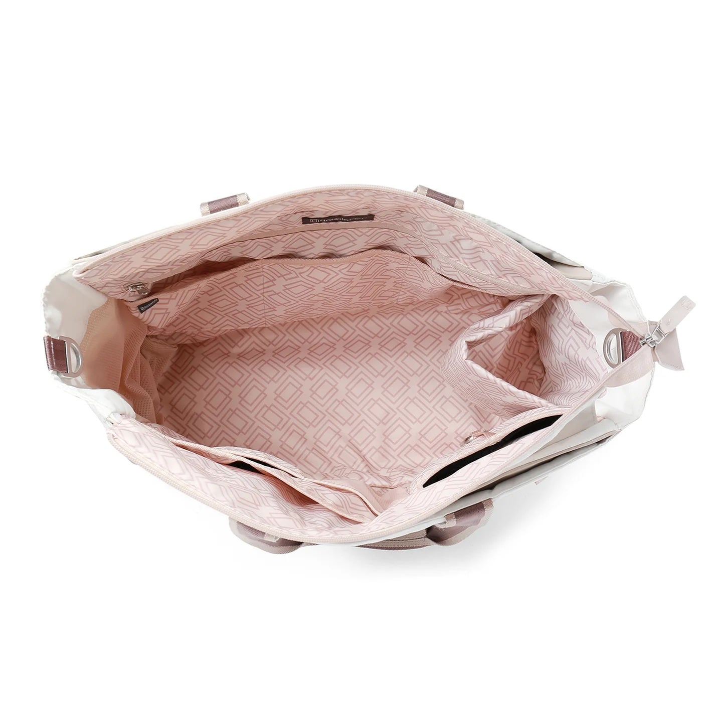 The PARISII | Pickleball Tote by Doubletake features a spacious open view, light pink patterned lining, multiple inner pockets, a zippered back section, silver hardware, and leather accents near the zipper and pocket edges.