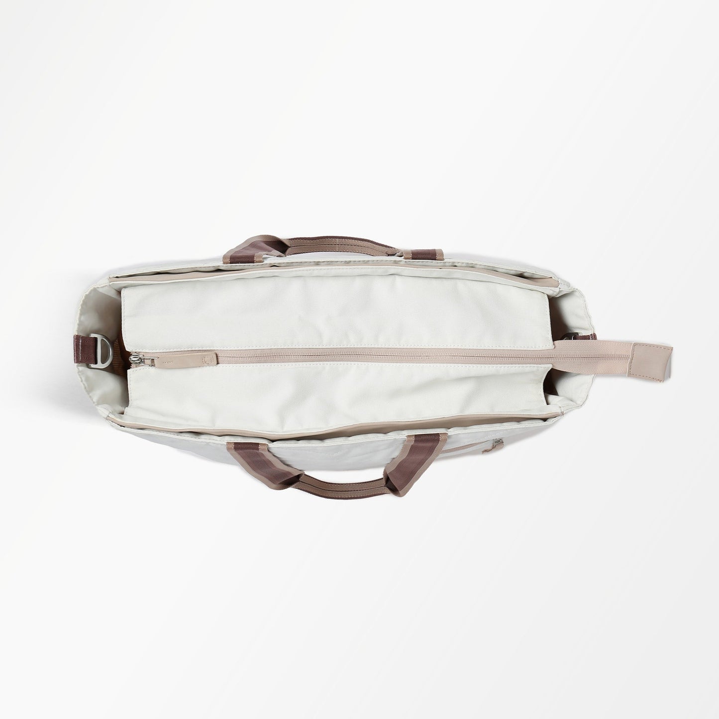 Top view of the Doubletake PARISII | Pickleball Tote in beige with brown handles and trim, featuring a roomy interior with a central zippered pocket; this chic tote also serves as a stylish pickleball bag, shown on a white background.