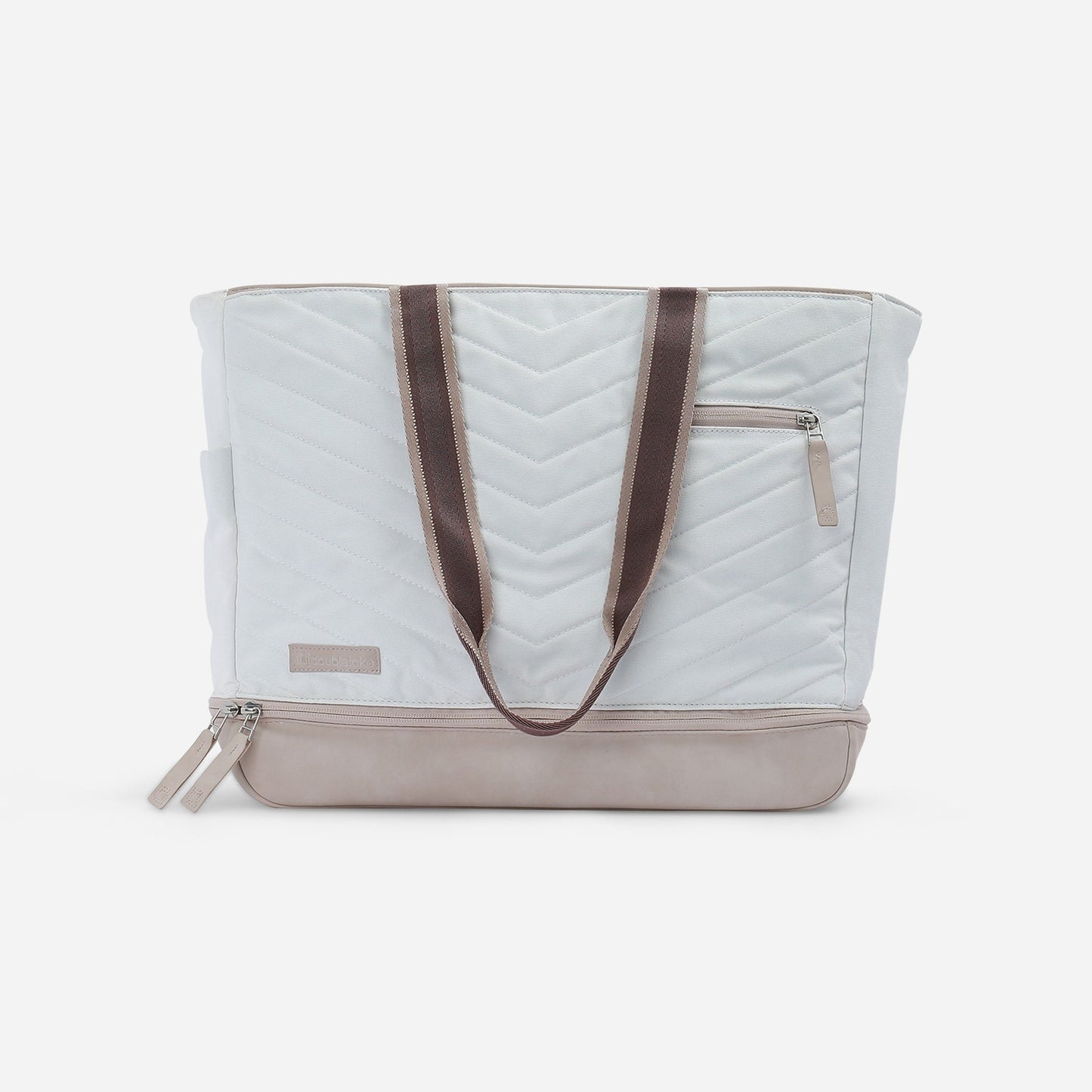 The Doubletake PARISII Pickleball Tote is a large, stylish white quilted bag with brown handles, beige base, and zipper accents. Featuring multiple pockets, it's perfect as a chic pickleball bag against a plain white background.