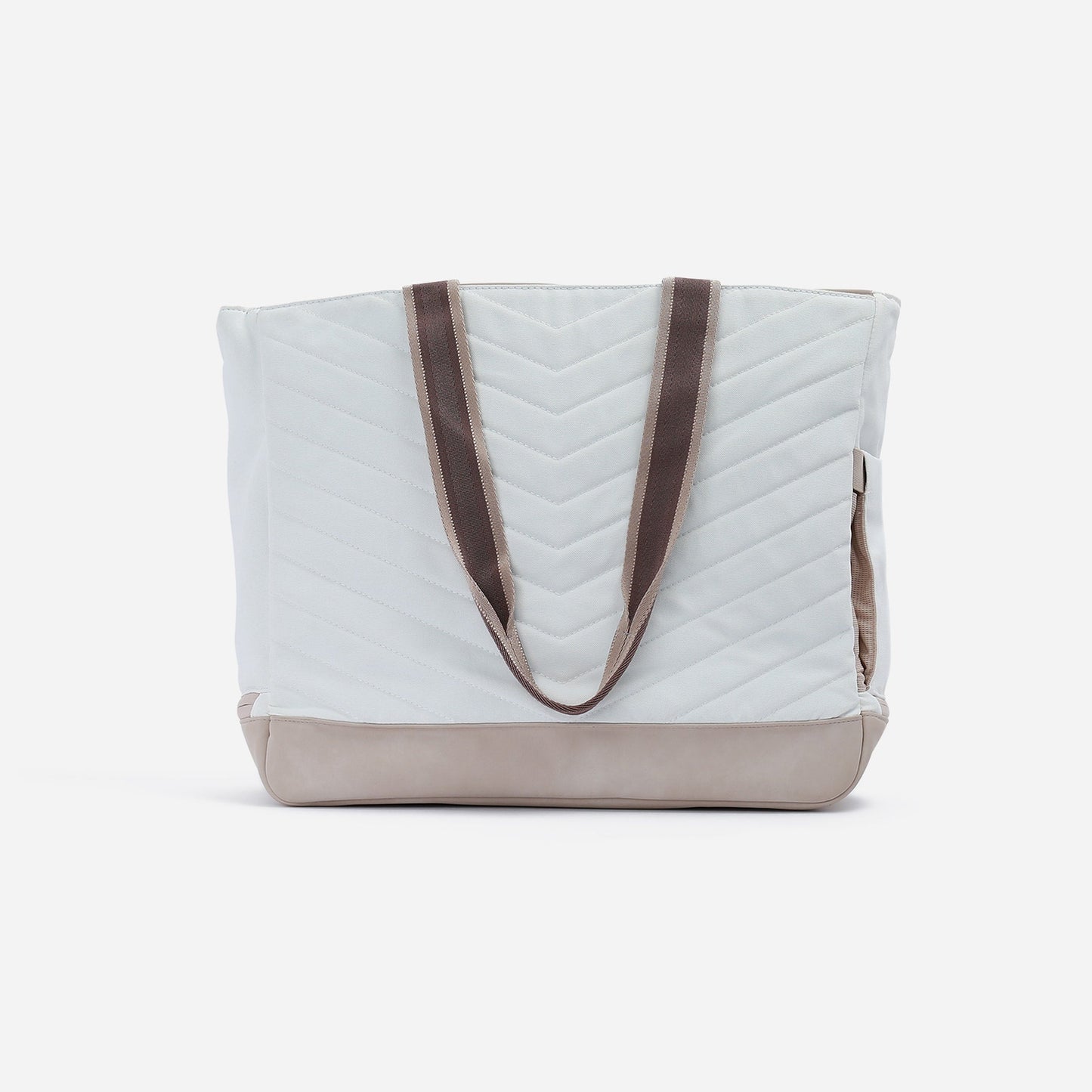 The Doubletake PARISII | Pickleball Tote is a large quilted paddle bag with white fabric, beige bottom panel, and two brown shoulder straps. It features diagonal stitching, a soft rectangular shape, and a simple modern design on a white background.