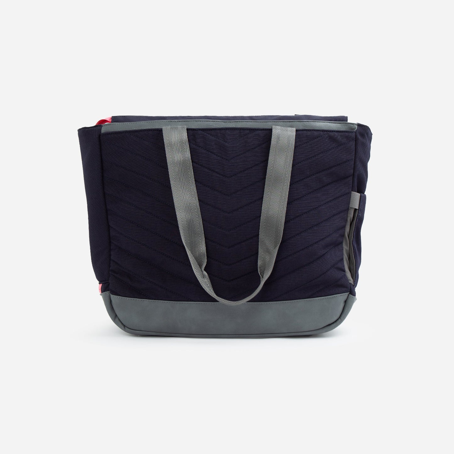The Doubletake PARISII Pickleball Tote is a navy blue bag with gray handles and reinforced base, a chevron pattern, outer side pocket, and top zipper closure, shown on a plain white background.