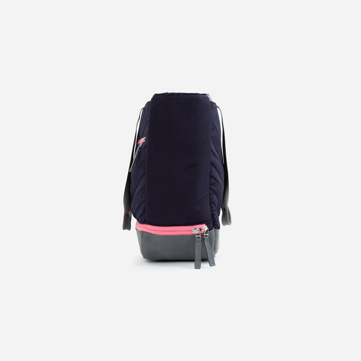 The Doubletake PARISII | Pickleball Tote is shown from the side in navy blue with pink zippers, a gray bottom, black shoulder straps, and a vertical zipper pocket. The background is plain white.