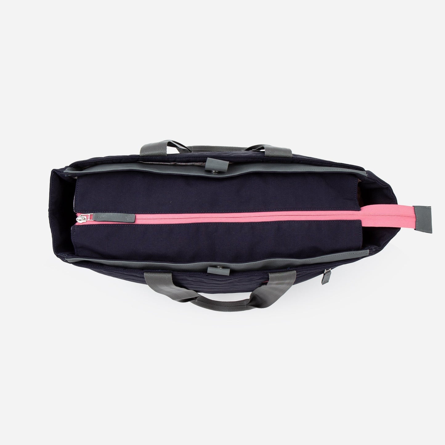 Top view of the Doubletake PARISII | Pickleball Tote in black with gray handles and a pink zipper, open to show its interior and central zipper compartment. The plain white background highlights the bag’s sleek shape and design.