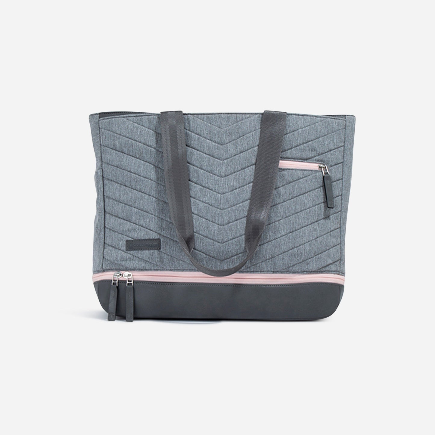 The PARISII | Pickleball Tote by Doubletake features grey fabric with diagonal stitching, two black handles, a front zip pocket, and a black bottom with a pink zipper accent—ideal as a tennis or pickleball bag. Plain white background.