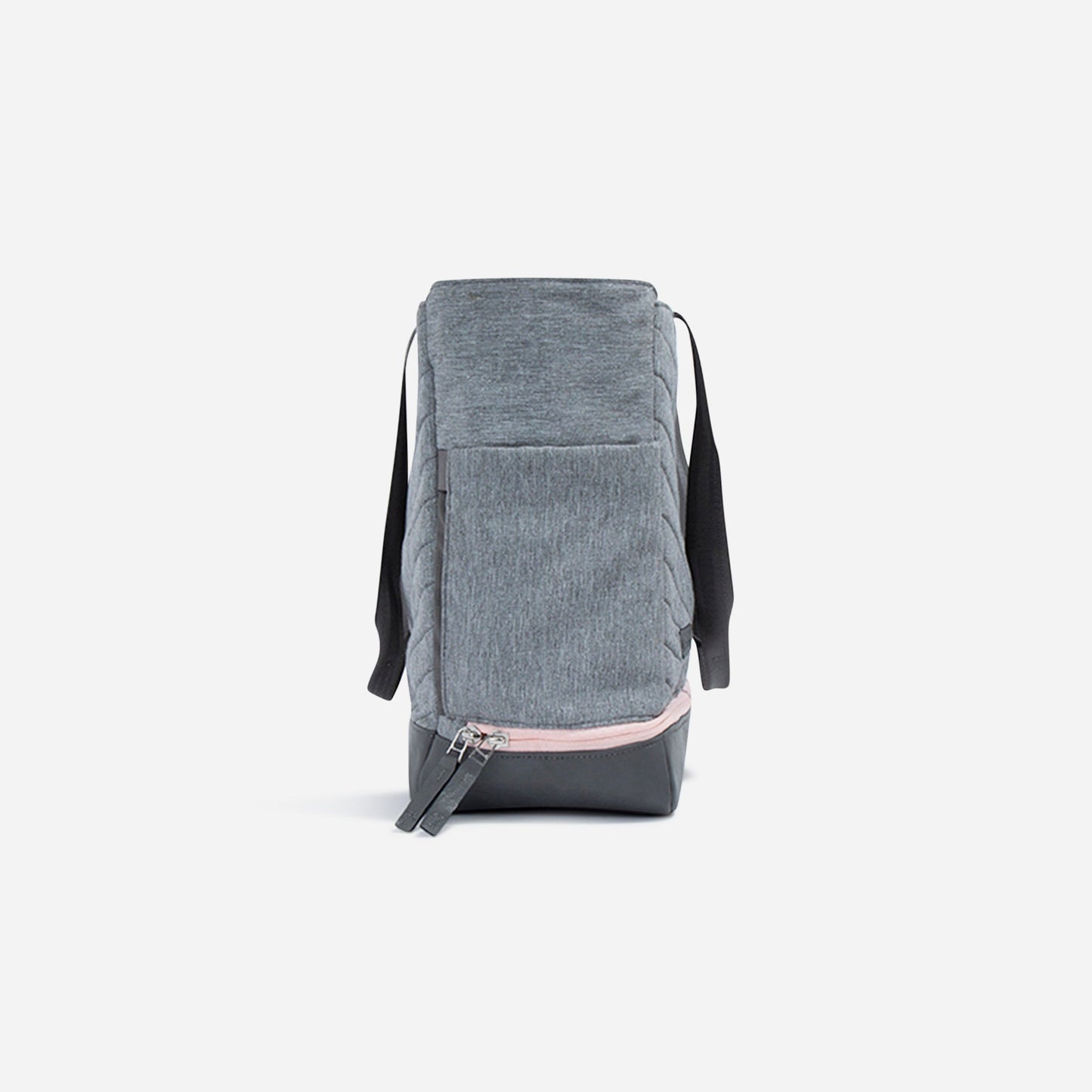 A side view of the Doubletake PARISII Pickleball Tote shows its grey heathered fabric, black straps and base, and a zippered compartment with a light pink zipper, standing upright against a plain white background.