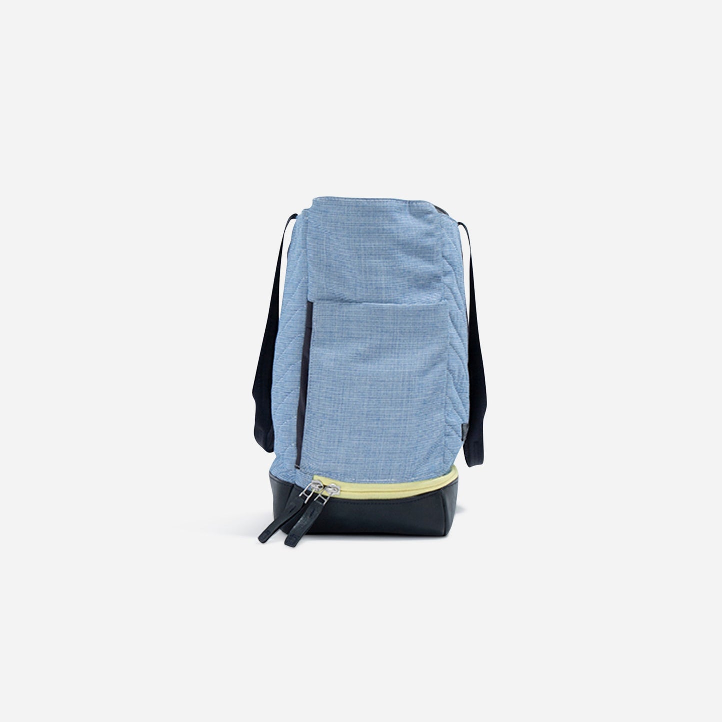 The Doubletake PARISII Pickleball Tote is a light blue backpack with black straps and base. It has a vertical front zipper pocket, a horizontal zipper with yellow trim near the base, and is shown upright on a plain white background.