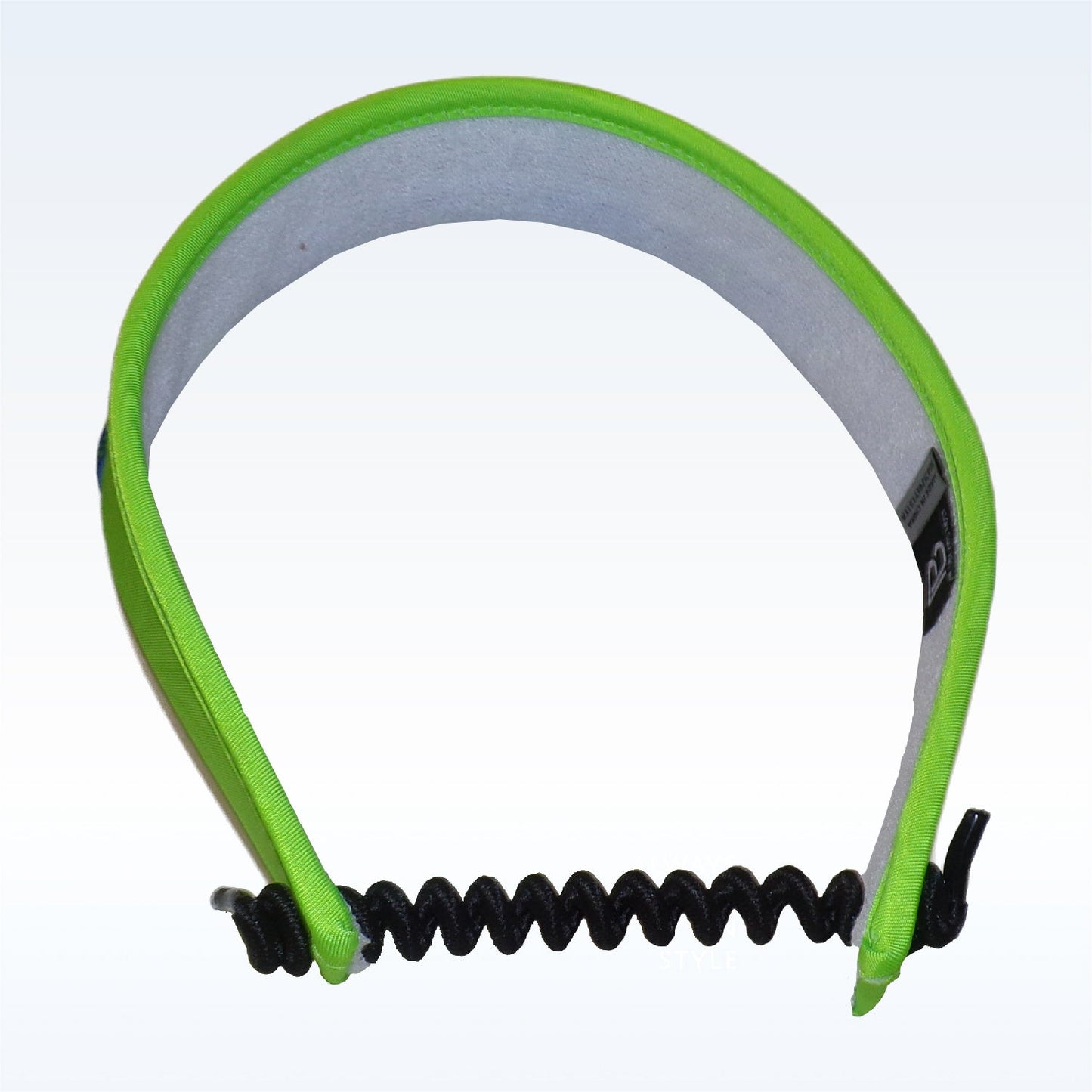 The PB Visor Patience Grasshopper by Pickleball Bella is a neon green neoprene eyewear retainer with a grey lining and black coiled elastic cord, forming a secure loop. Quick-dry materials. Shown on a plain white gradient background.