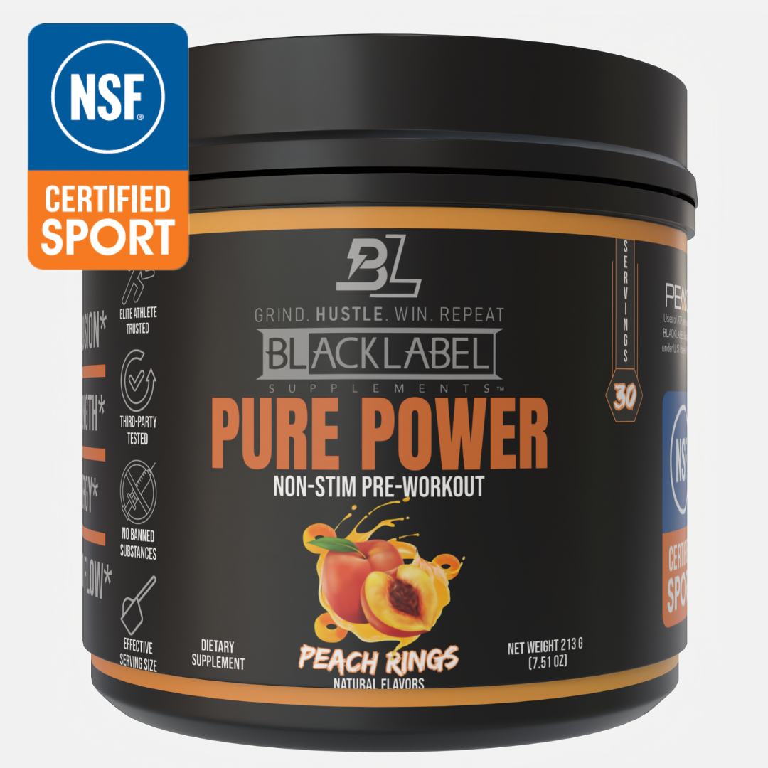 A 213g (7.51oz) container of BLACKLABEL Supplements PURE POWER stimulant-free pre-workout in Peach Rings flavor, featuring a performance builder formula and NSF Certified Sport badge for strength and endurance.